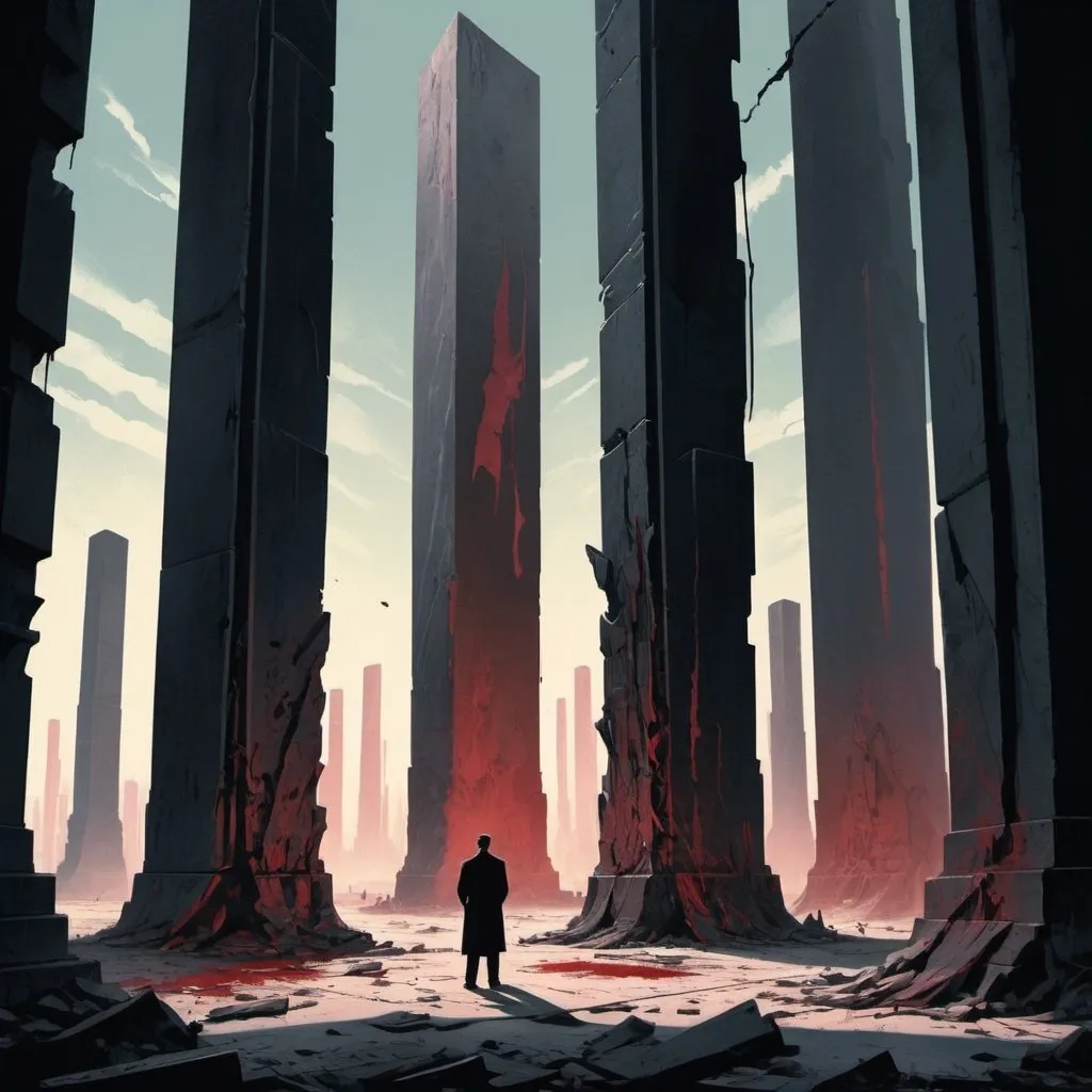 Prompt: Dystopian , poster, 50s, concept art, Bloody boodies around a strange broken monolith of panels and dark tech, many tall hunched man made of shadow shapes stands in front looking at the pillar. and USA 50's propaganda.


