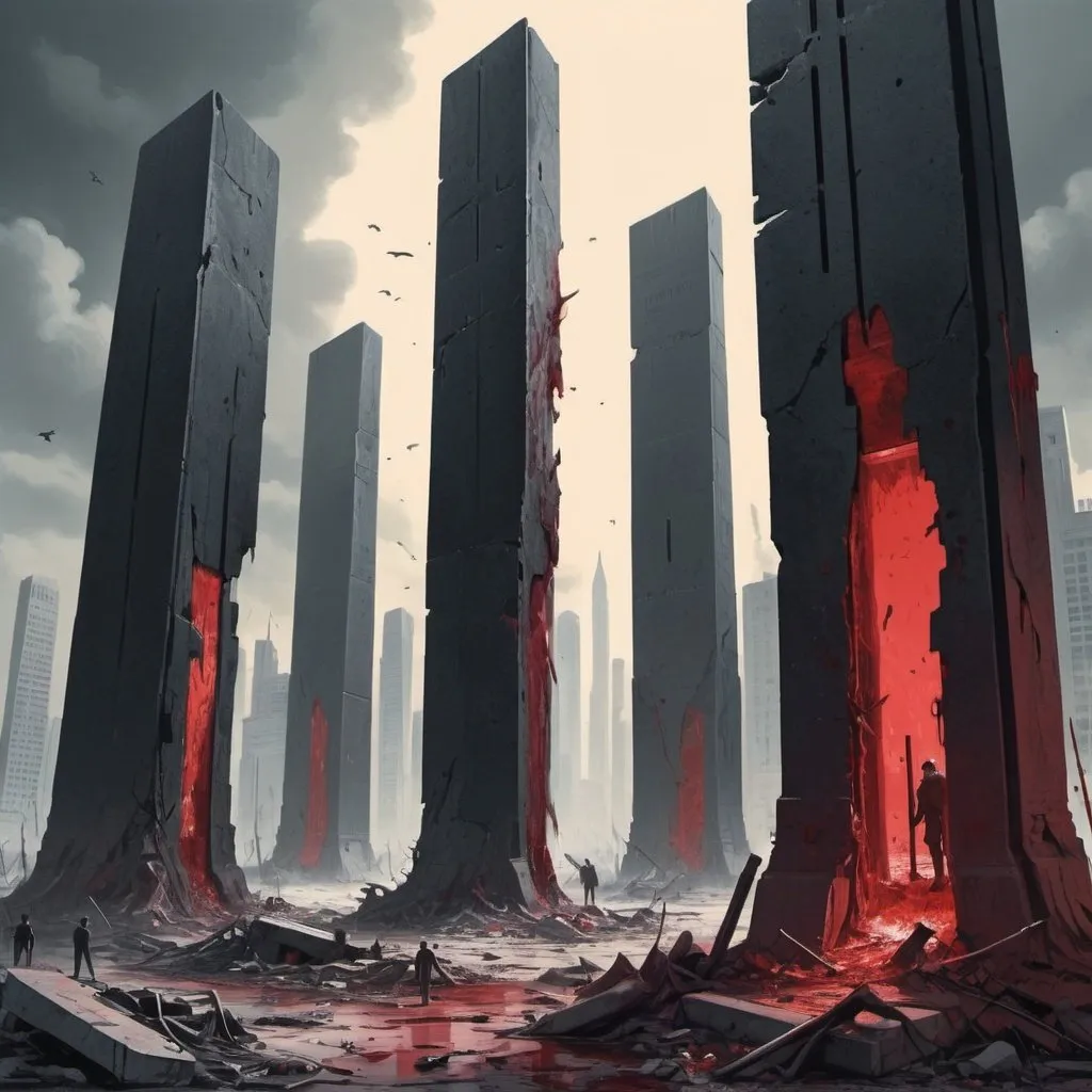 Prompt: Dystopian , poster, 50s, concept art, Bloody boodies around a strange broken monolith of panels and dark tech, Dead bodies around pillar. and USA 50's propaganda.


