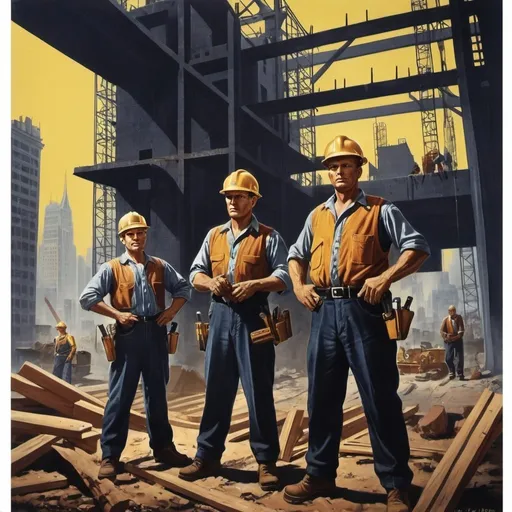 Prompt: Dystopian , poster, 50s, concept art, Dark Construction workers at a build stie. and USA 50's propaganda.

