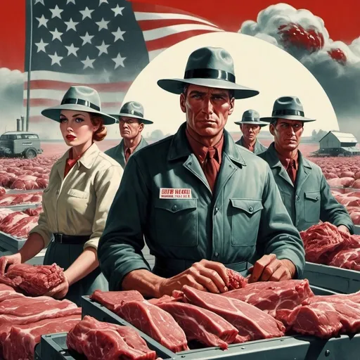 Prompt: Dystopian, poster, 50s, concept art, synth meat farmers, and USA cold war propaganda.

