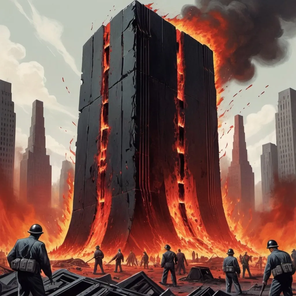 Prompt: Dystopian , poster, 50s, concept art, Bloody Boodies around a strange broken monolith of panels and dark tech, huge dark machine covered in flames. and USA 50's propaganda.

