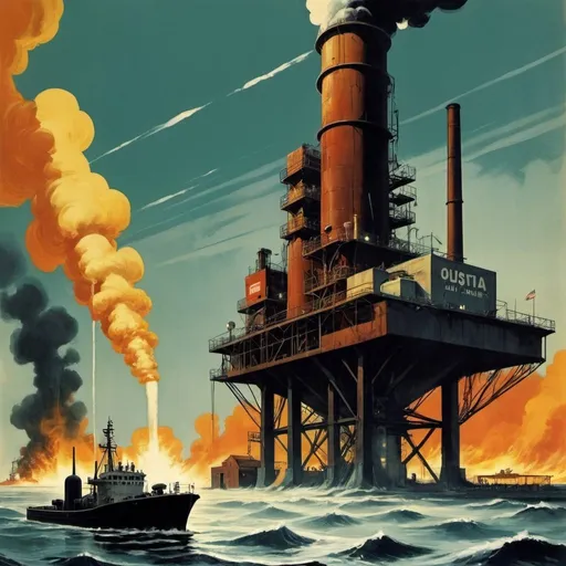 Prompt: Dystopian, poster, 50s, concept art, about oil industry, and USA cold war propaganda.
