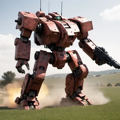 Prompt: Battle mech "Centurion" on the open field, firing into the distance, with heavy battle damage.