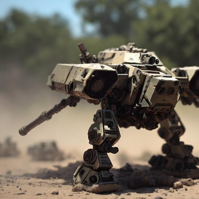 Prompt: Battlemech "Uziel" on the open field, firing into the distance, with heavy battle damage.