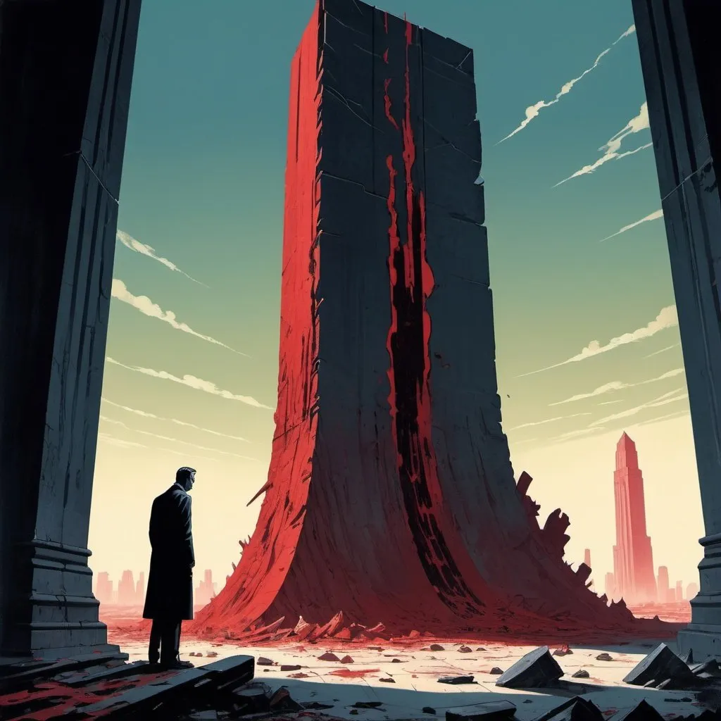 Prompt: Dystopian , poster, 50s, concept art, Bloody boodies around a strange broken monolith of panels and dark tech,  a tall hunched man made of shadow shapes stands in front looking at the pillar. and USA 50's propaganda.

