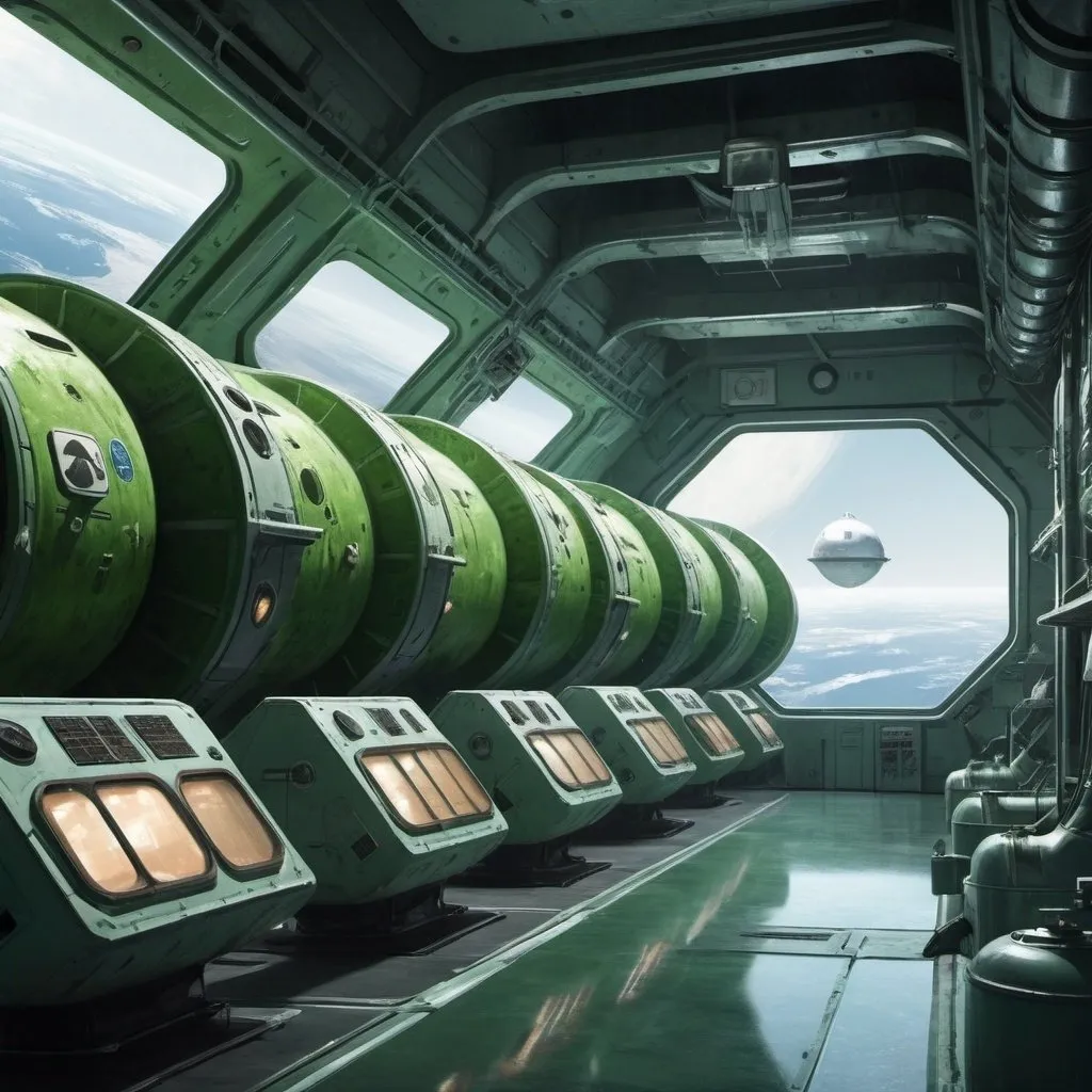 Prompt: Dystopian, poster, 50s, concept art, Algae vats on a space station, spaceX, and USA cold war propaganda.
