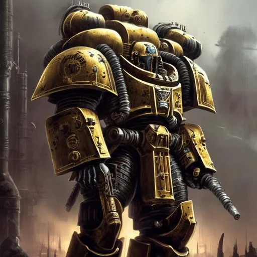 Prompt: High detail, complex, Art station,Bold, space marine, tall, gold armor,foggy, dark atmosphere, 40k, gritty, imperial