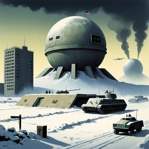 Prompt: Dystopian, poster, 50s, concept art, about bunkers, and USA cold war propaganda.
