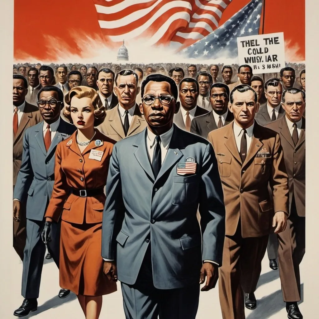 Prompt: Dystopian, poster, 50s, concept art, Civil rights movement leaders, and USA cold war propaganda.
