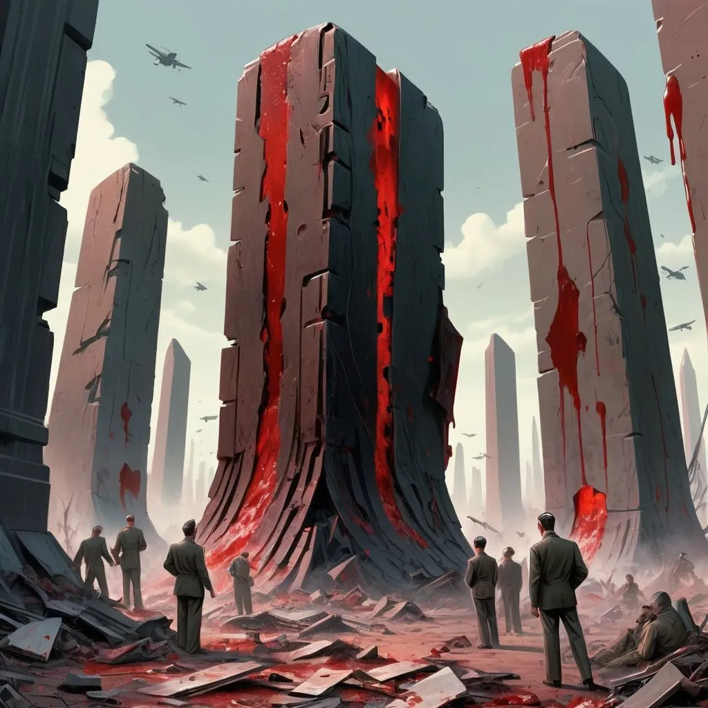 Prompt: Dystopian , poster, 50s, concept art, Bloody boodies around a strange broken monolith of panels and dark tech, and USA 50's propaganda.

