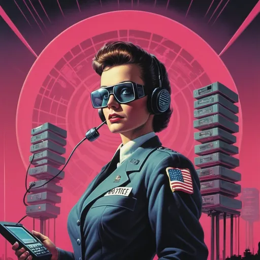 Prompt: Dystopian, poster, 80s, concept art, telecommunications internet business, and USA 80's propaganda.
