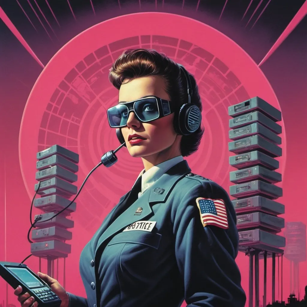 Prompt: Dystopian, poster, 80s, concept art, telecommunications internet business, and USA 80's propaganda.
