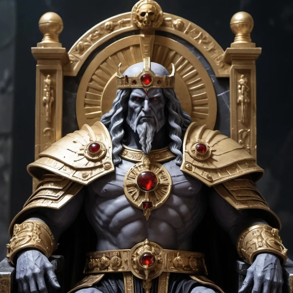 Prompt: he Emperor of Mankind also referred to by the Imperial Cult and the Adeptus Ministorum as the God-Emperor of Mankind is the sovereign ruler of the Imperium of Man, and Father, Guardian, and God of the human race. He has sat immobile within the Golden Throne of Terra for ten thousand years. Although once a living man, His shattered body can no longer support life, and remains intact only by a combination of ancient technology and the sheer force of His will, itself sustained by the soul-sacrifice of countless millions of psykers.[2]