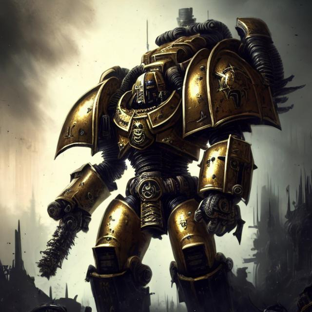 Prompt: Exotic,High detail, complex, Art station,Bold, space marine, tall, gold armor,foggy, dark atmosphere, 40k, gritty, imperial, deadly, huge, towering, imposing