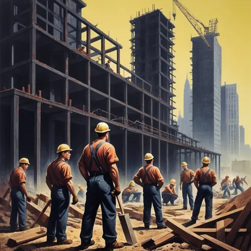 Prompt: Dystopian , poster, 50s, concept art, Dark Construction workers at a build stie. and USA 50's propaganda.

