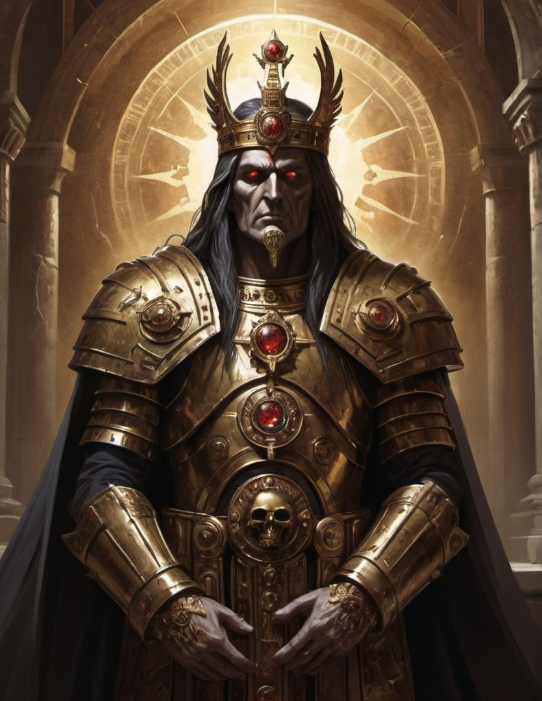 Prompt: he Emperor of Mankind also referred to by the Imperial Cult and the Adeptus Ministorum as the God-Emperor of Mankind is the sovereign ruler of the Imperium of Man, and Father, Guardian, and God of the human race. He has sat immobile within the Golden Throne of Terra for ten thousand years. Although once a living man, His shattered body can no longer support life, and remains intact only by a combination of ancient technology and the sheer force of His will, itself sustained by the soul-sacrifice of countless millions of psykers.[2]