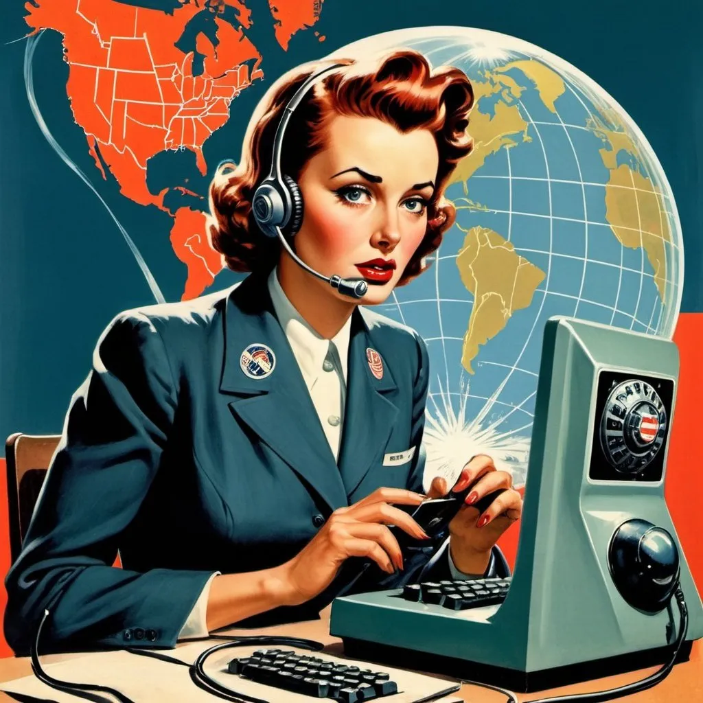 Prompt: Dystopian, poster, 50s, concept art, telecommunications internet business, and USA cold war propaganda.
