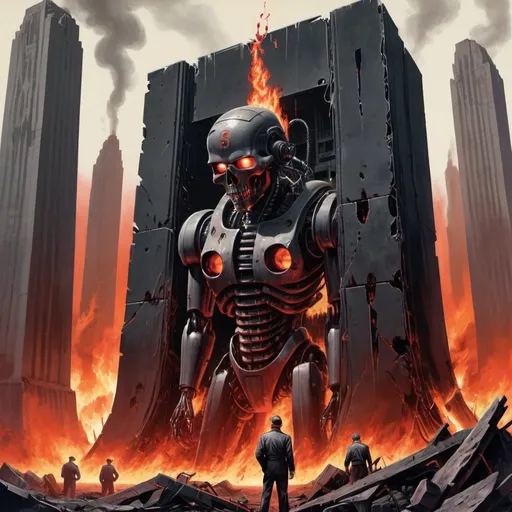Prompt: Dystopian , poster, 50s, concept art, Bloody Boodies around a strange broken monolith of panels and dark tech, huge dark machine covered in flames. and USA 50's propaganda.

