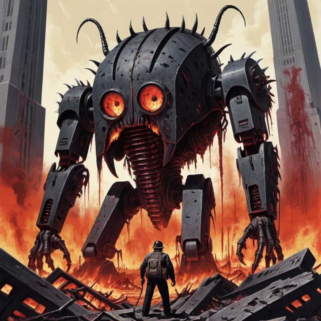 Prompt: Dystopian , poster, 50s, concept art, Bloody Boodies around a strange broken monolith of panels and dark tech, huge dark bug monster machine covered in flames. and USA 50's propaganda.

