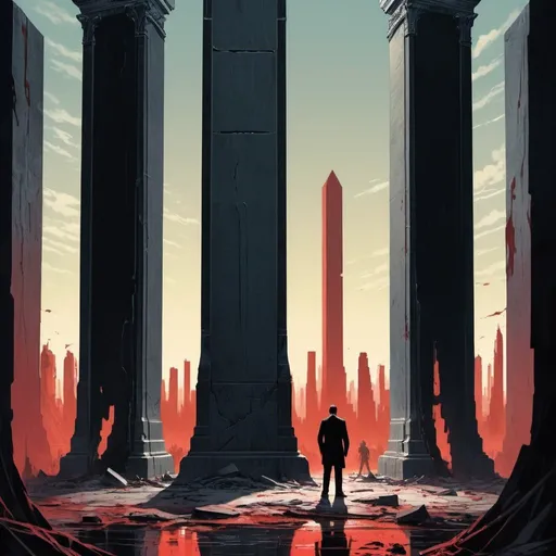 Prompt: Dystopian , poster, 50s, concept art, Bloody boodies around a strange broken monolith of panels and dark tech,  a tall hunched man made of shadow shapes stands in front looking at the pillar. and USA 50's propaganda.


