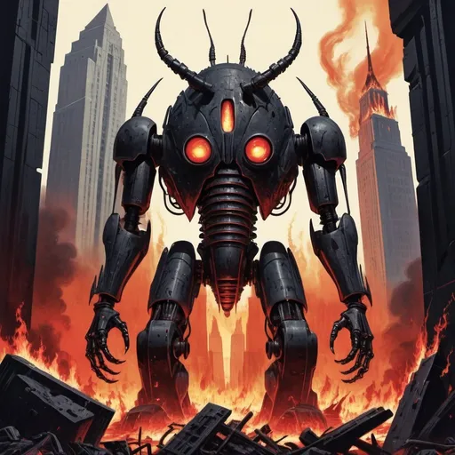 Prompt: Dystopian , poster, 50s, concept art, Bloody Boodies around a strange broken monolith of panels and dark tech, huge dark bug monster machine covered in flames. and USA 50's propaganda.

