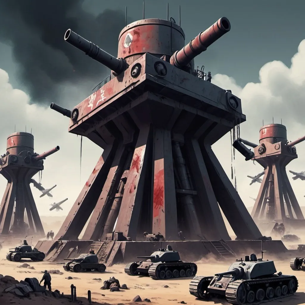 Prompt: Dystopian , poster, 50s, concept art, Dark bloddy tech Pillar, Bukers secure, emplacements, cannons, and 50's propaganda.


