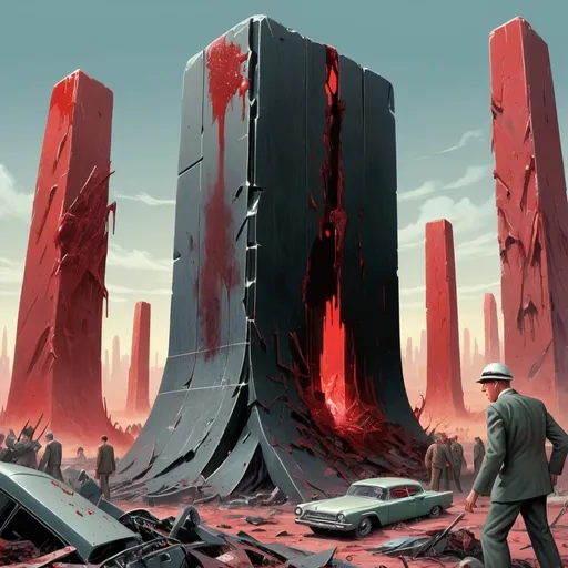 Prompt: Dystopian , poster, 50s, concept art, Bloody boodies around a strange broken monolith of panels and dark tech, and USA 50's propaganda.

