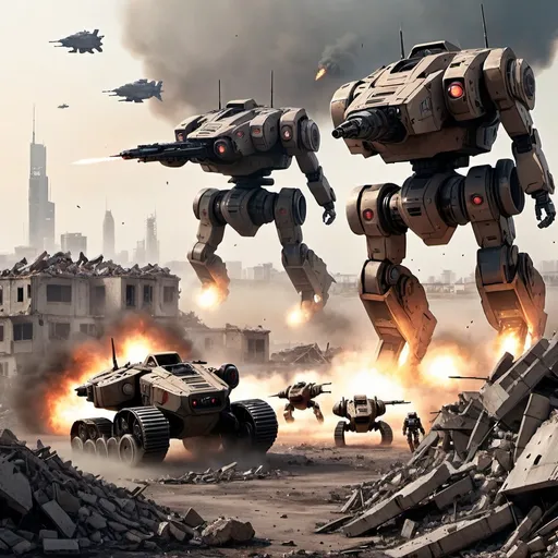 Prompt: 4 Battle-tech Battlemech's on a field of rubble that was once a city, smoke rising on the horizon, giant round drop pod in the sky, under attack by fighter jets.