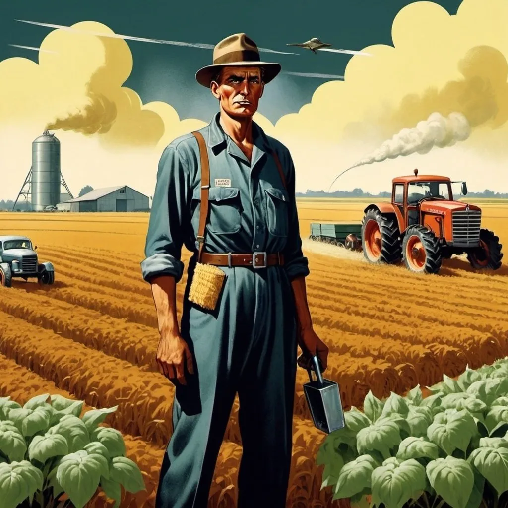 Prompt: Dystopian, poster, 50s, concept art, about farming industry, and USA cold war propaganda.
