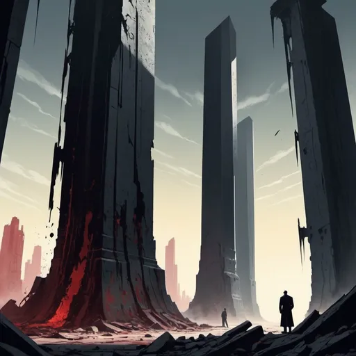 Prompt: Dystopian , poster, 50s, concept art, Bloody boodies around a strange broken monolith of panels and dark tech, many tall hunched man made of shadow shapes stands in front looking at the pillar. and USA 50's propaganda.


