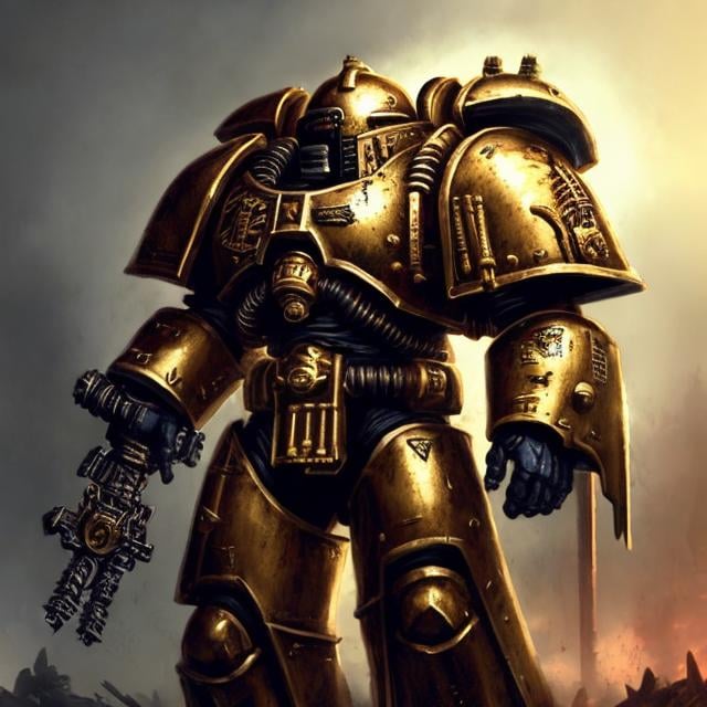 Prompt: High detail, complex, Art station,Bold, space marine, tall, gold armor,foggy, dark atmosphere, 40k