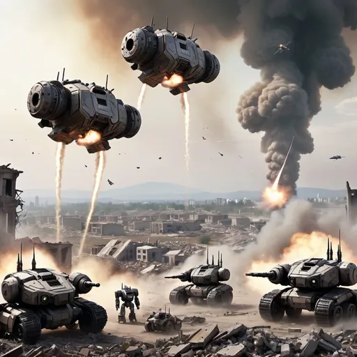 Prompt: 4 Battle-tech Battlemech's on a field of rubble that was once a city, smoke rising on the horizon, giant round drop pod in the sky, under attack by fighter jets.