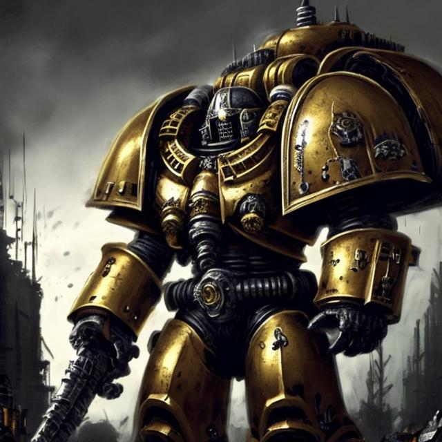 Prompt: High detail, complex, Art station,Bold, space marine, tall, gold armor,foggy, dark atmosphere, 40k, gritty, imperial, deadly, huge, towering, imposing