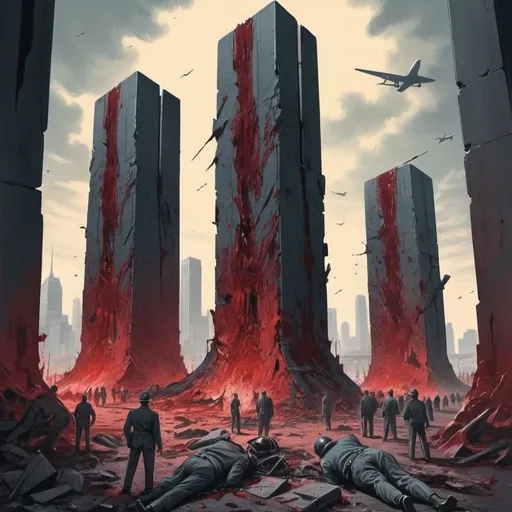 Prompt: Dystopian , poster, 50s, concept art, Bloody boodies around a strange broken monolith of panels and dark tech, Dead bodies around pillar. and USA 50's propaganda.


