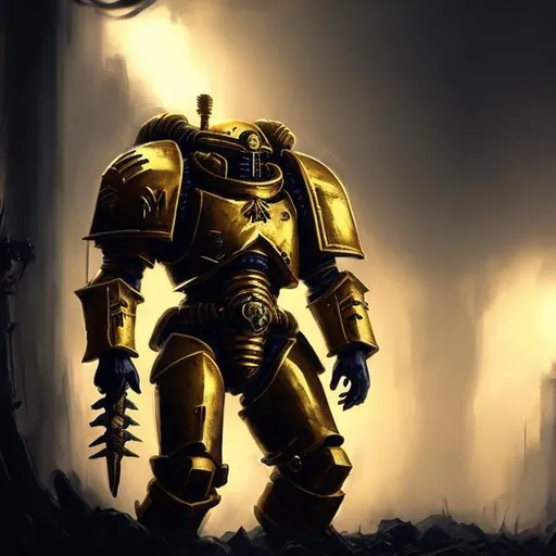 Prompt: Art station,Bold, space marine, tall, gold armor,foggy, dark atmosphere