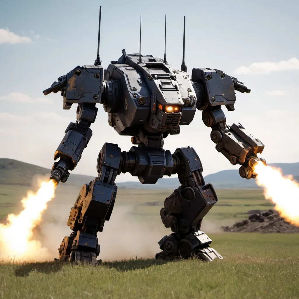 Prompt: Battlemech "Shadow Cat" on the open field, firing into the distance, with heavy battle damage.