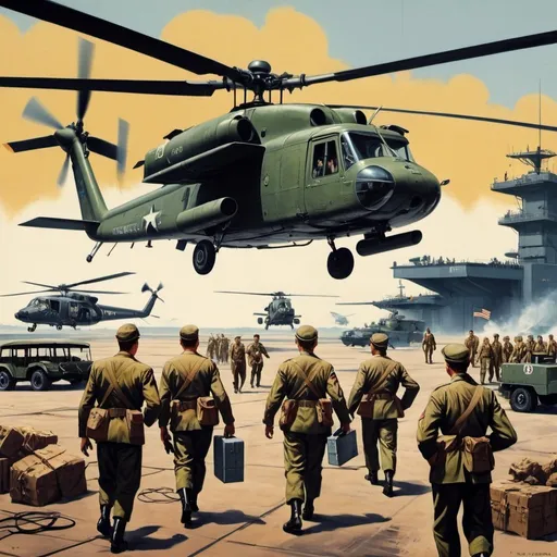 Prompt: Dystopian , poster, 50s, concept art, Troops disembarking helicopter on cargo laden landing pad, and USA 50's propaganda.

