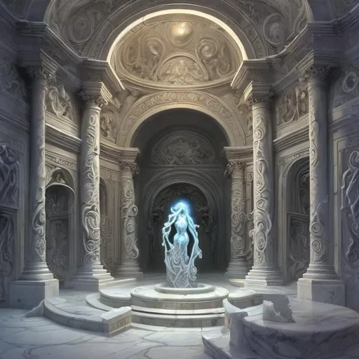 Prompt: STYLE Boris Vallejo ART STATION DETAILED White marble crypt rooms with swirling magic and undead MAGE
