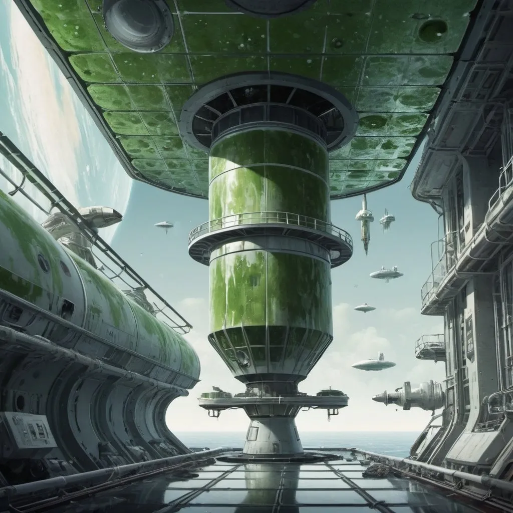 Prompt: Dystopian, poster, 50s, concept art, Algae vats on a space station, spaceX, and USA cold war propaganda.
