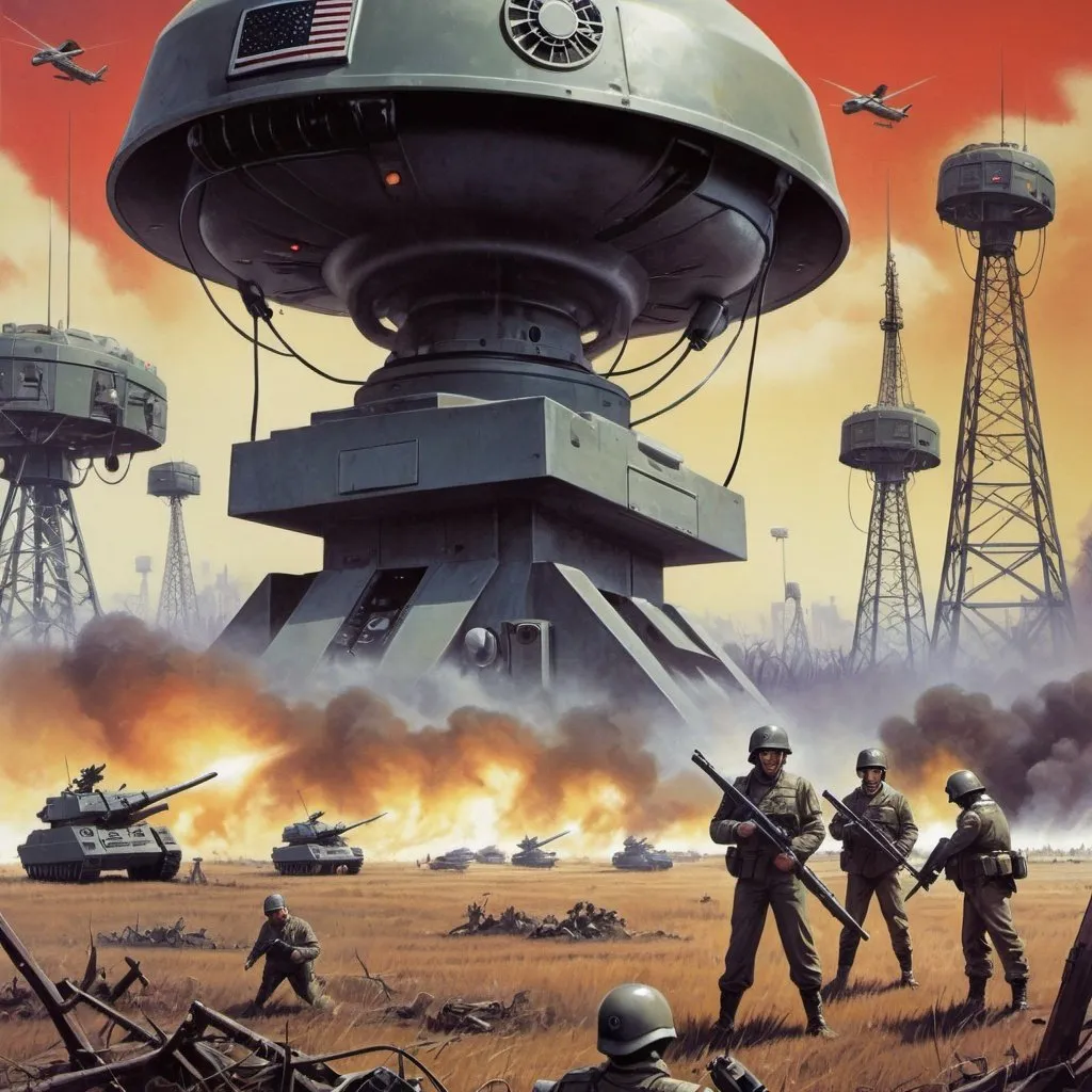 Prompt: Dystopian battle field, poster, 80s, concept art, telecommunications internet business, and USA 80's propaganda.
