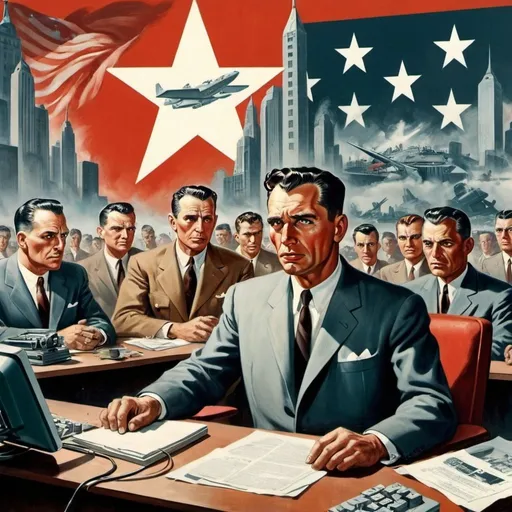 Prompt: Dystopian, poster, 50s, concept art, big internet business, and USA cold war propaganda.
