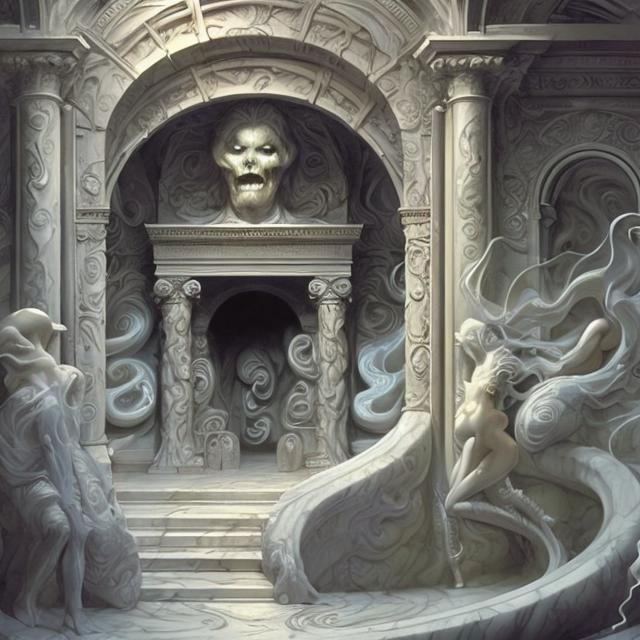 Prompt: STYLE Boris Vallejo ART STATION DETAILED White marble crypt rooms with swirling magic and undead MAGE
