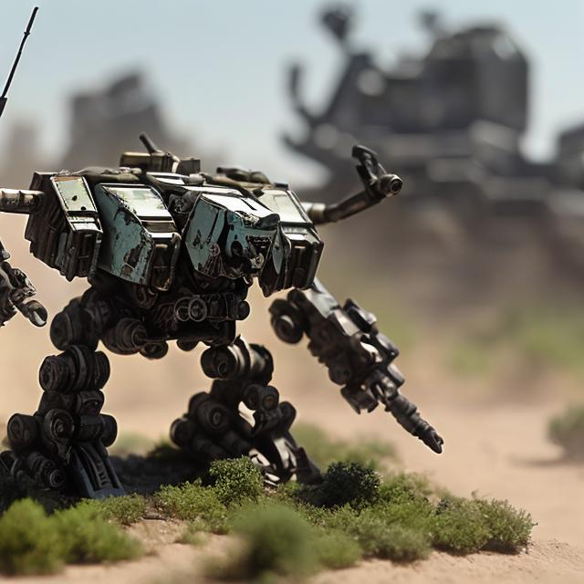 Prompt: Battlemech "Uziel" on the open field, firing into the distance, with heavy battle damage.