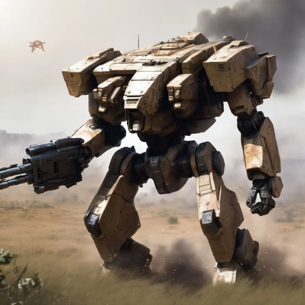 Prompt: Battlemech "Uziel" on the open field, firing into the distance, with heavy battle damage.