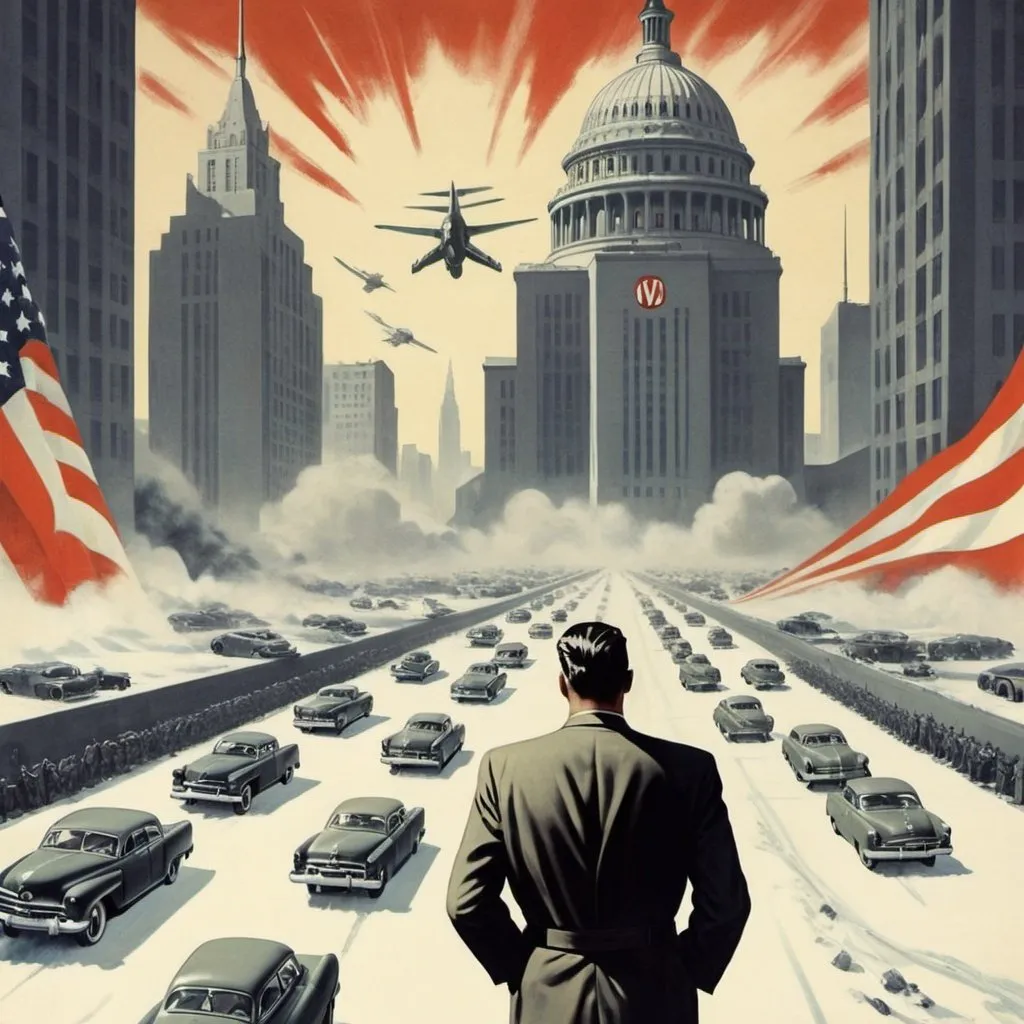 Prompt: Dystopian, poster, 50s, concept art, big corporate business, and USA cold war propaganda.
