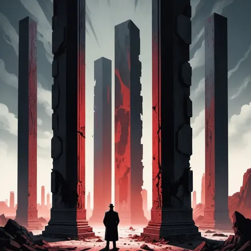 Prompt: Dystopian , poster, 50s, concept art, Bloody boodies around a strange broken monolith of panels and dark tech,  a man made of shadow shapes stands in front looking at the pillar. and USA 50's propaganda.

