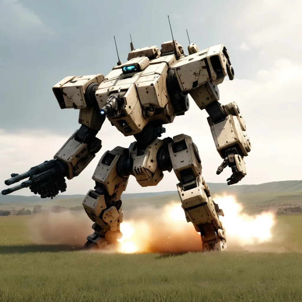 Prompt: Battlemech "Uziel" on the open field, firing into the distance, with heavy battle damage.