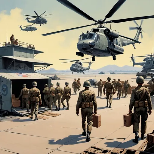 Prompt: Dystopian , poster, 50s, concept art, Troops disembarking helicopter on cargo laden landing pad, and USA 50's propaganda.

