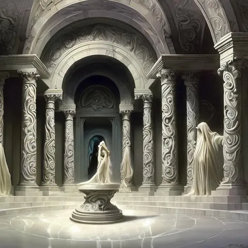 Prompt: STYLE Boris Vallejo ART STATION DETAILED White marble crypt rooms with swirling magic and undead MAGE
