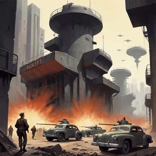 Prompt: Dystopian , poster, 50s, concept art, Bukers secure, emplacements, and 50's propaganda.


